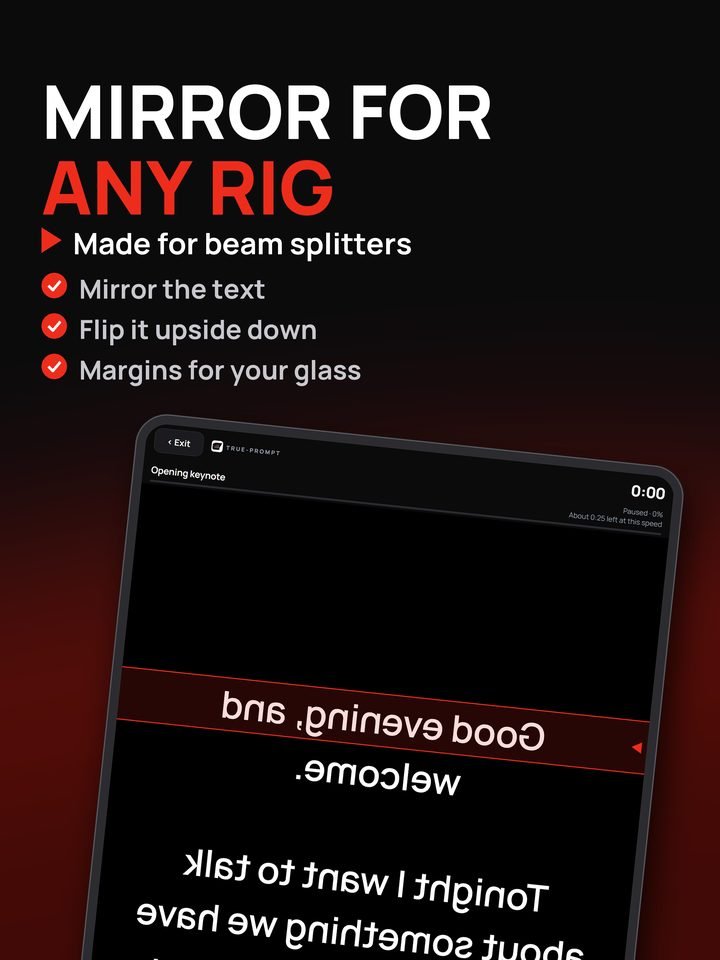 True-Prompt on iPad with the script mirrored for a teleprompter rig