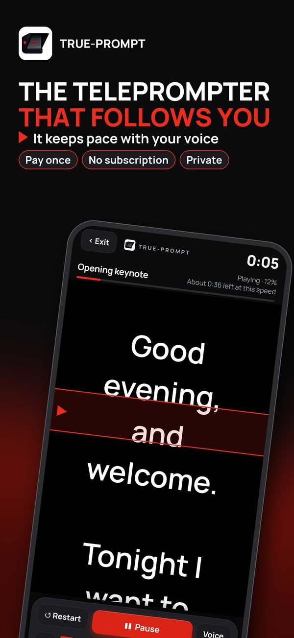 The teleprompter that follows you: it keeps pace with your voice. Pay once, no subscription, private.
