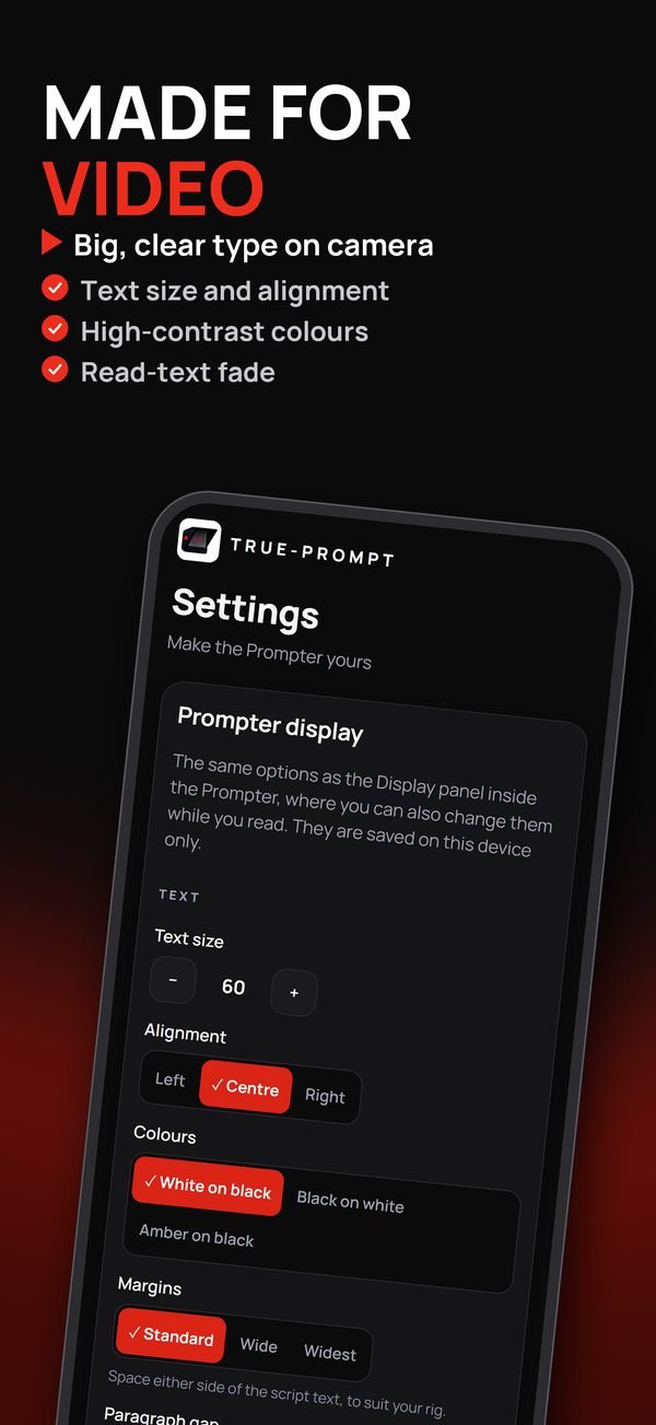 Made for video: big, clear type on camera. Text size and alignment, high-contrast colours, read-text fade.