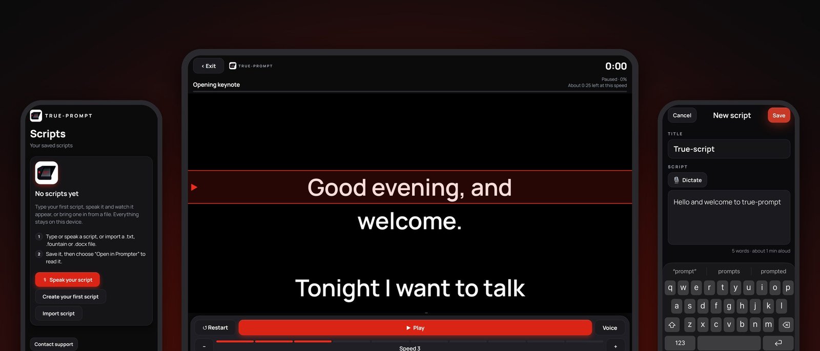 True-Prompt on iPad reading a script with the red reading marker, with iPhones showing Speak your script and dictation