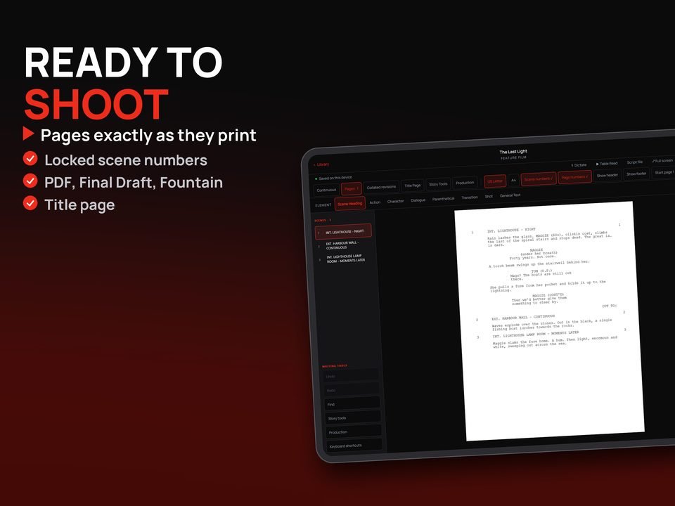 True-Script on iPad showing printed pages with scene numbers