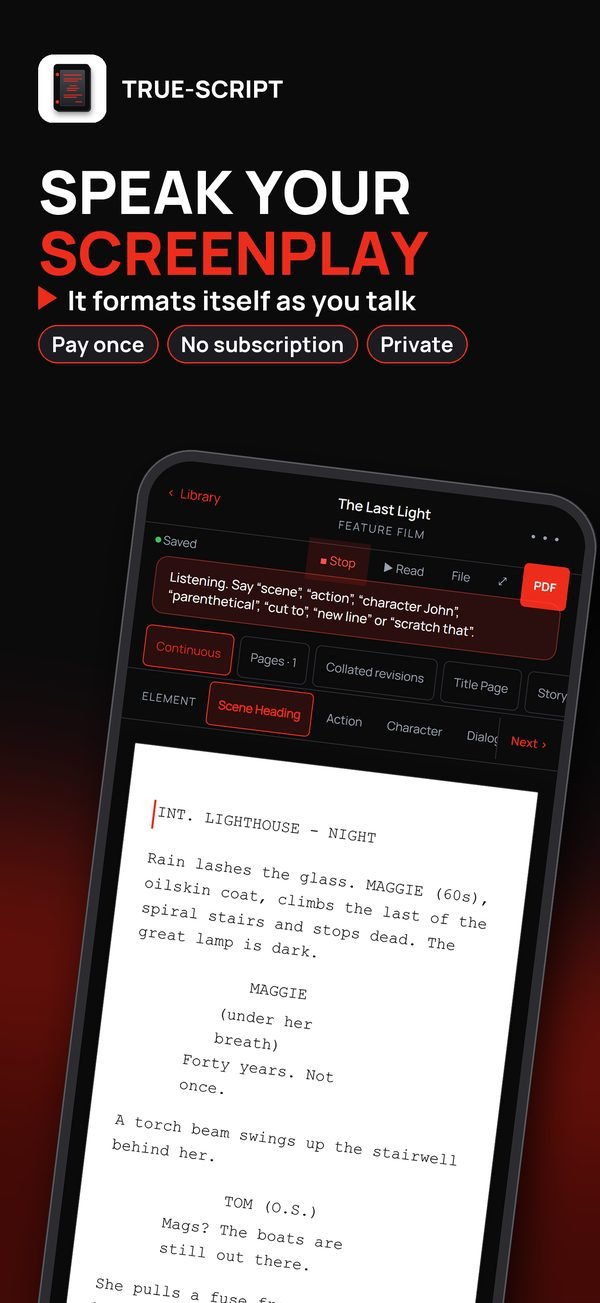 Speak your screenplay: it formats itself as you talk. Pay once, no subscription, private.