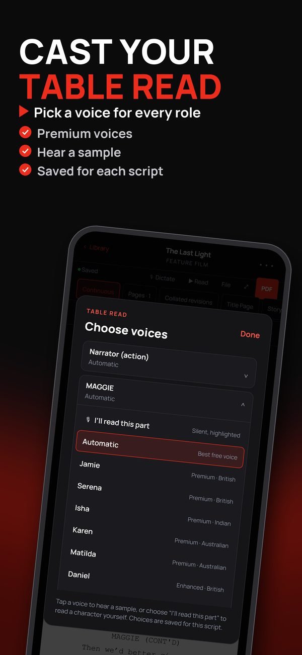 Cast your Table Read: pick a voice for every role from Premium voices, with a sample of each.