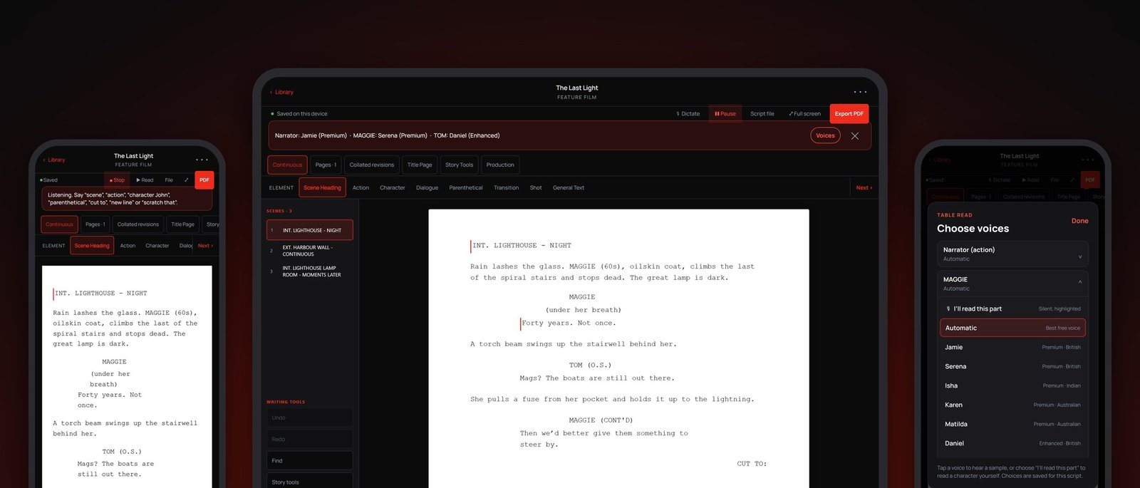 True-Script on iPad during a Table Read, with iPhones showing dictation and the voice list