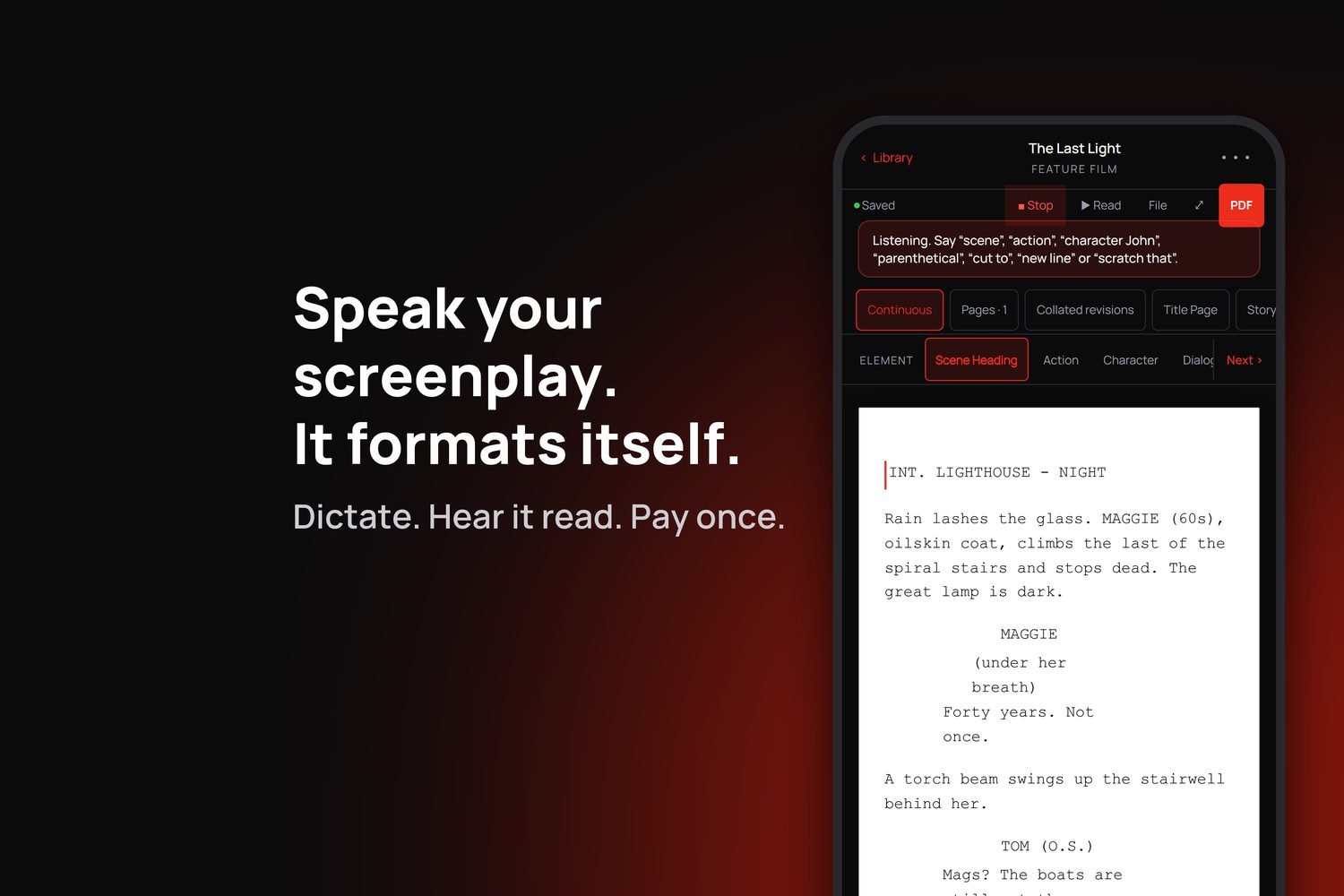 Speak your screenplay, it formats itself: True-Script listening while a scene is dictated
