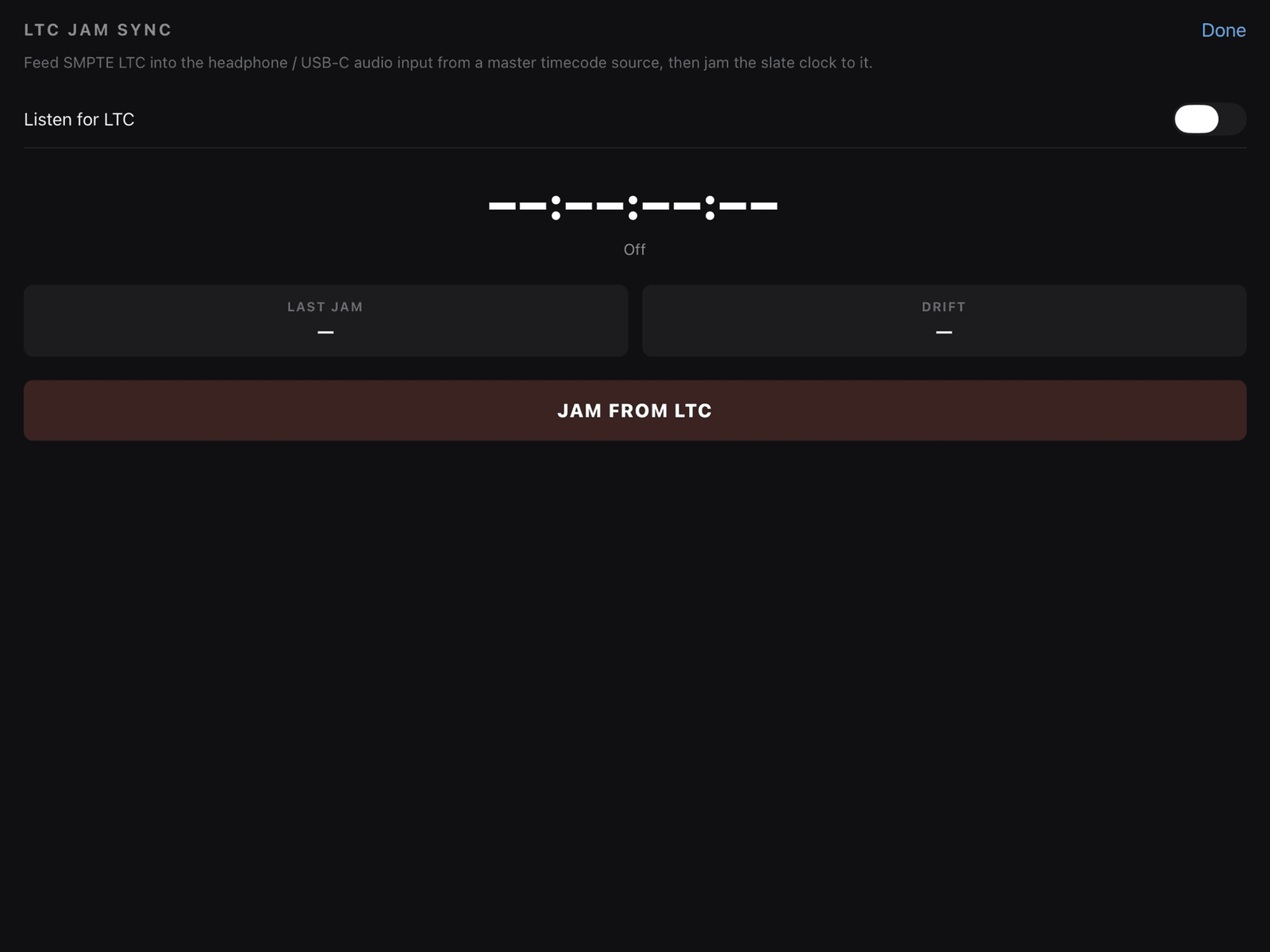 True-Slate LTC jam sync screen