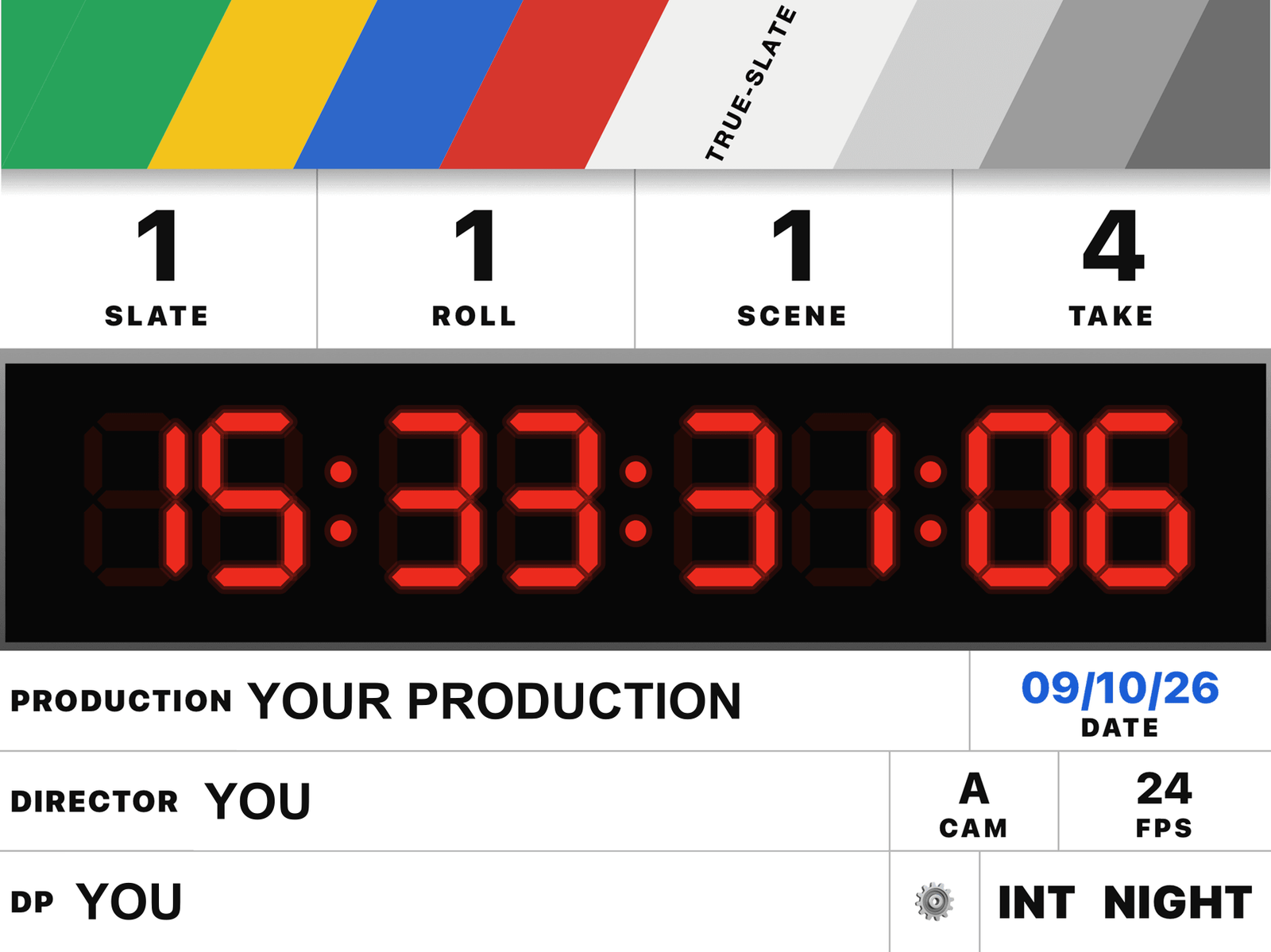 True-Slate slate screen with SMPTE timecode running