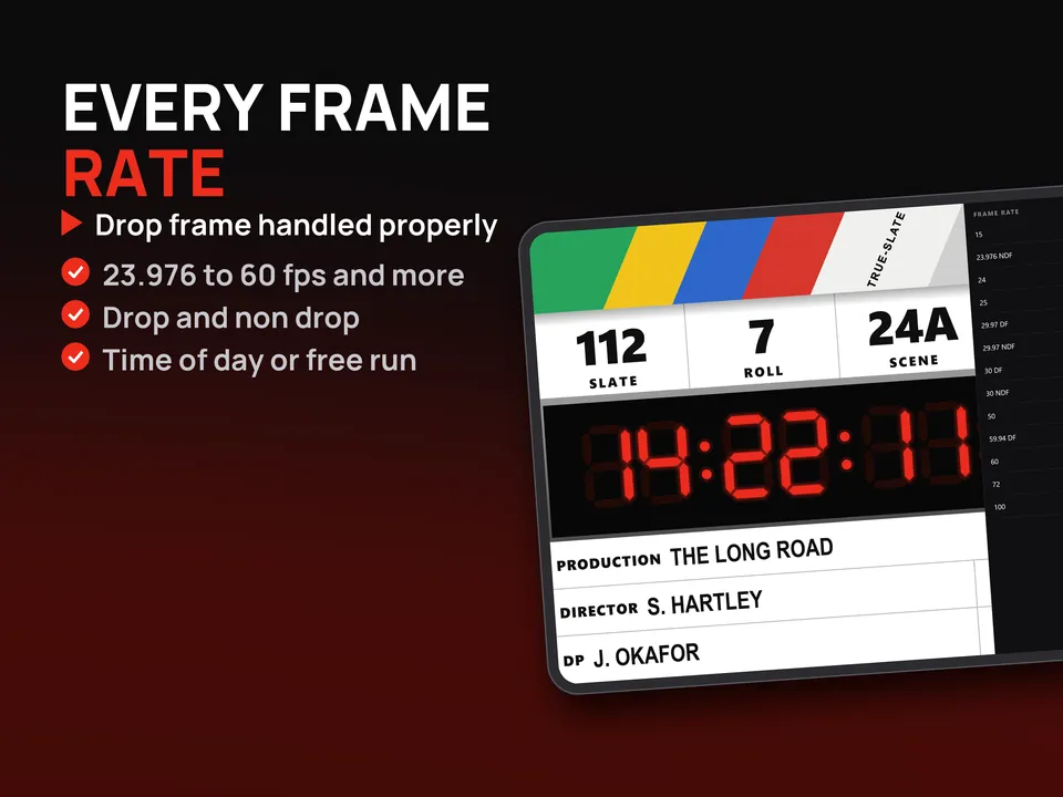 True-Slate on iPad: every frame rate, drop frame handled properly