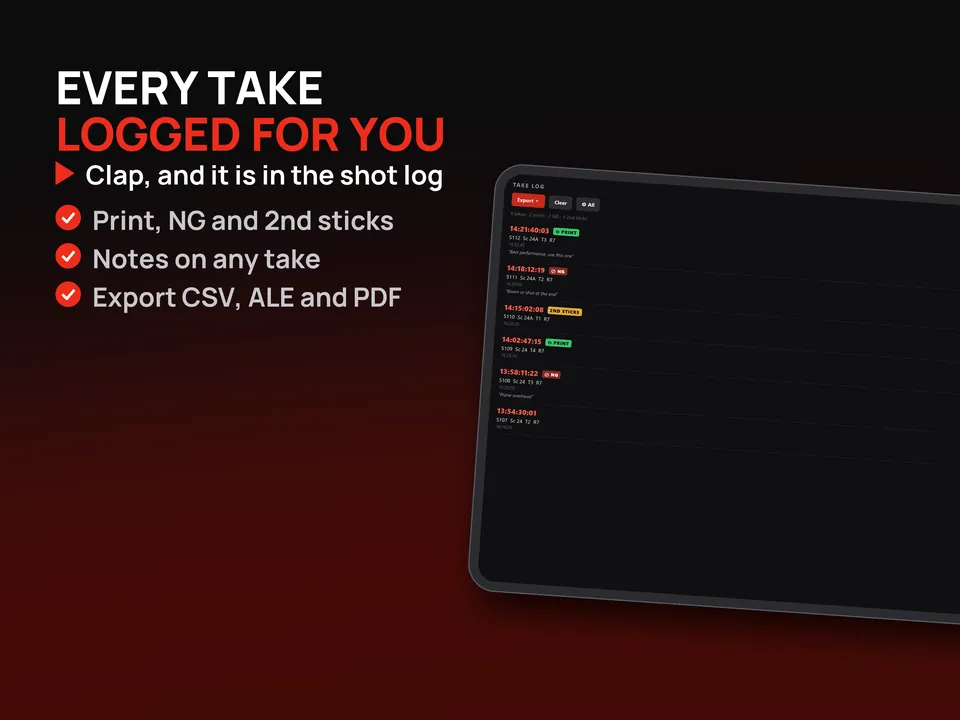 True-Slate on iPad: every take logged for you
