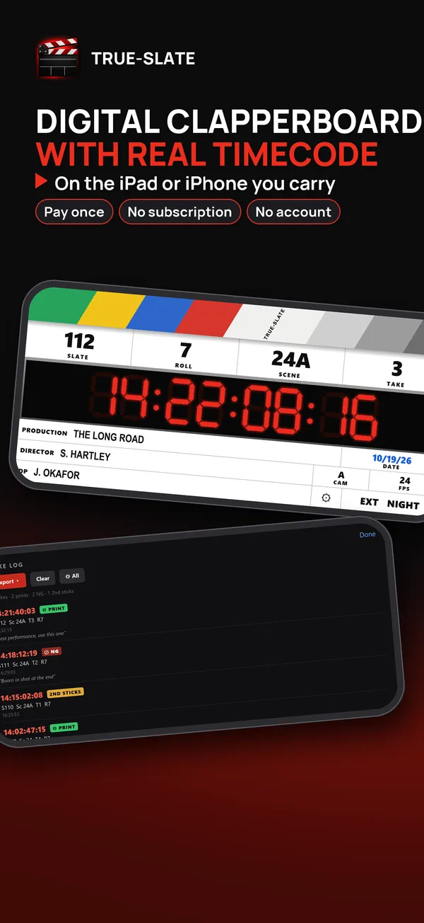 Digital clapperboard with real timecode, on the iPad or iPhone you carry. Pay once, no subscription, no account.