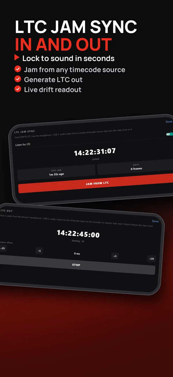 LTC jam sync in and out: jam from any timecode source, generate LTC out, live drift readout.