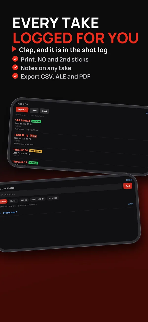 Every take logged for you: print, NG and second sticks, notes on any take, export CSV, ALE and PDF.